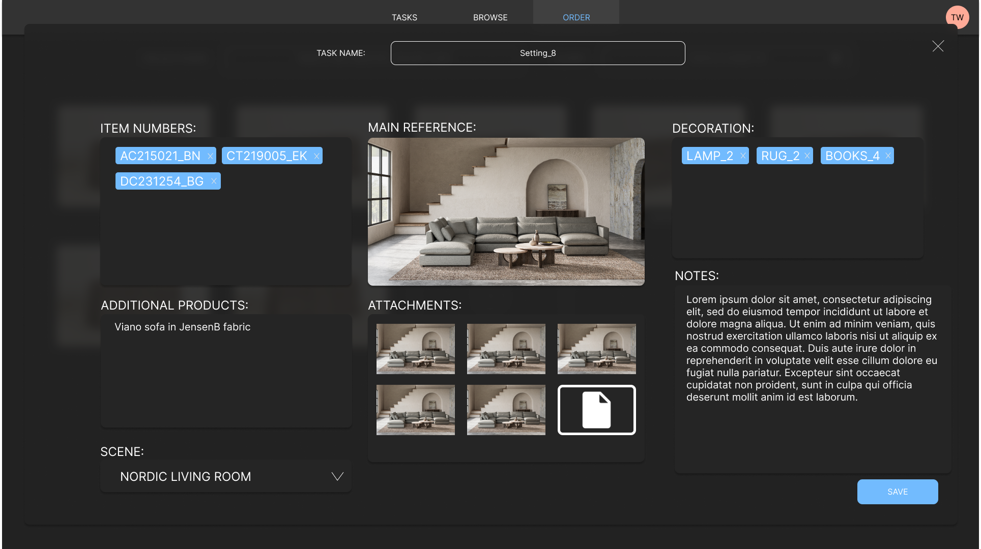 Figma design of ordering a render that will be delivered as a task to the 3D department.